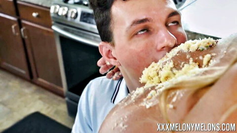 Melony Melons' huge tits covered in cake for stepson to devour