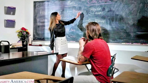 Sexy French brunette MILF teacher in short skirt points at blackboard for horny student