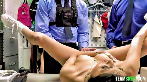 Tattooed babe legs spread wide on desk with pussy fingered by cops in gangbang