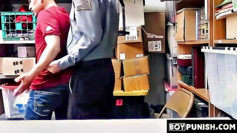 Young Latino bent over by security guard in red shirt and jeans