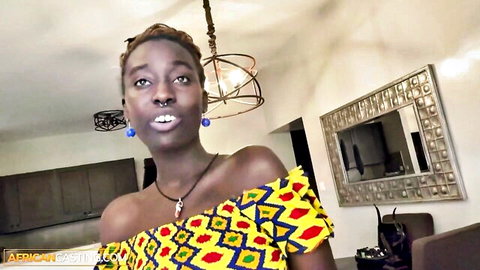 Tall Black Model in Colorful Off-Shoulder Dress Smiling for POV Casting