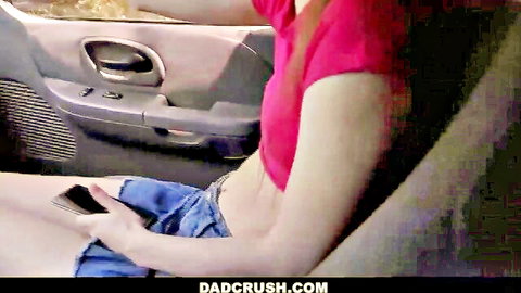 Skinny teen in tight pink crop top and micro denim shorts holds phone teasingly in car on dadcrush