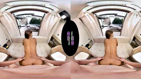 Skinny tanned brunette spreads tight ass cheeks exposing pussy on limo couch VR