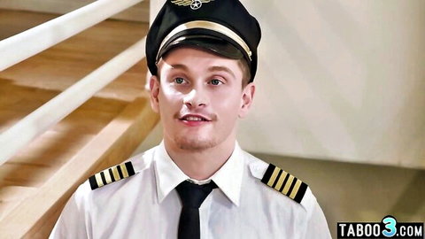 Sexy young pilot in uniform smiles on stairs teasing taboo cockpit fuck