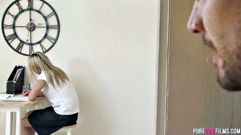 Blonde teen teases natural boobs while spied on in office