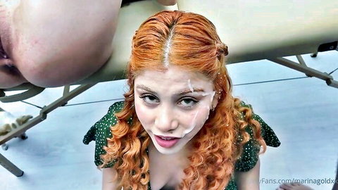 Marina Gold redhead with bukkake cum facial, POV closeup