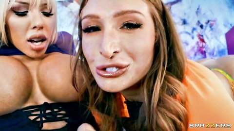 Busty blonde and curvy brunette with huge tits and glossy lips tongue kissing seductively