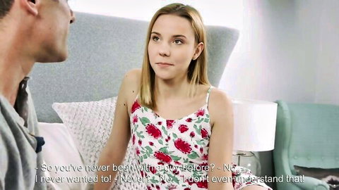 18-year-old blonde Zhopka in floral dress talks virginity with guy on bed