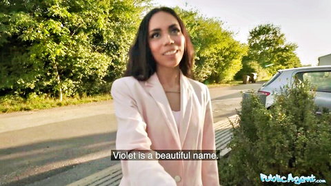 Cute Colombian babe Violet smiling outdoors in pink blazer, Public Agent