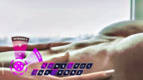 Animated porn: Woman pleasures nude man with hands, intensity UI overlay, leading to blowjob and creampie