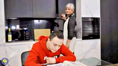 Arwen mature milf teases distracted university boy studying
