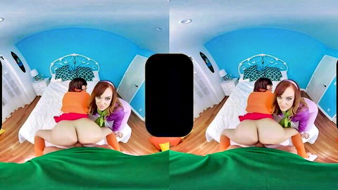 Redhead Daphne cosplay babe eats brunette Velma's exposed wet pussy doggy style in bedroom