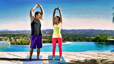 August Ames yoga pose with partner by poolside in Big Tits Fantasies