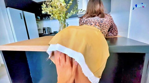 Miss Savage bent over in yellow skirt, teasing big ass in kitchen