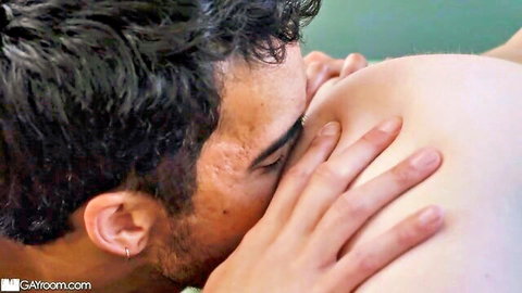 Bearded hunk passionately kissing pregnant woman's huge swollen tit and belly
