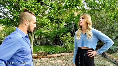 Married man eyes hot blonde trans babysitter in tight skirt outdoors