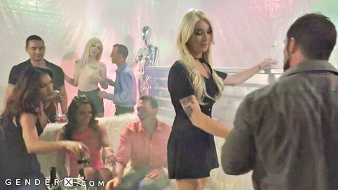 Blonde trans women in sexy dresses at wild orgy party in dance club