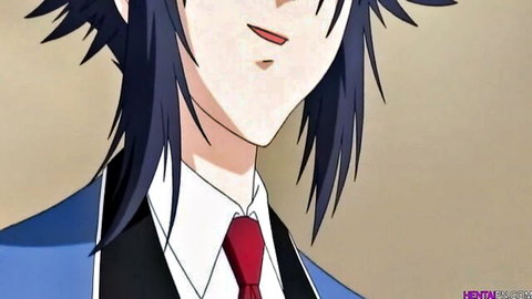 Seductive anime guy with spiky blue hair smirking in school uniform blazer and red tie hentai