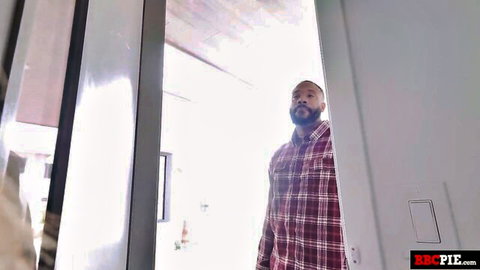 Black stud in plaid shirt stands tall in doorway ready for BBC interracial fuck