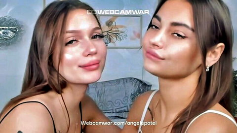 Two young Asian women close-up kissing tutorial for teen lesbians on webcam feat. Angel Petal