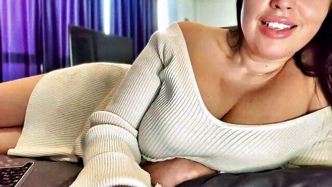 ThePORTLAND in low-cut off-shoulder knit dress, curvy cleavage on MyFreeCams