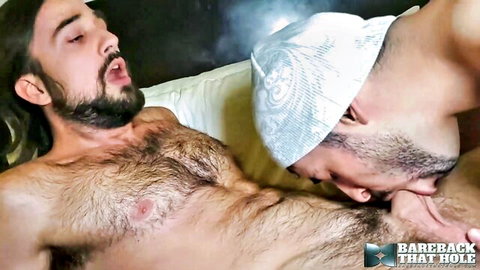 Hairy Jesse Ferrer oral on Mason Lear in bareback gay sex preview