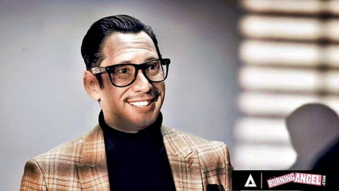 Smiling trans stripper in checkered blazer and sunglasses from Burning Angel