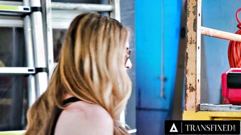 Blonde trans girlfriend seduced by construction worker in workshop
