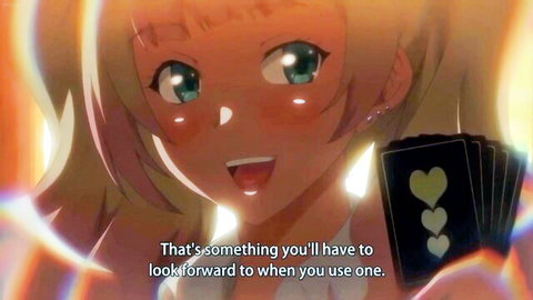 Anime schoolgirl holding heart cards, blushing smile in JAV episode