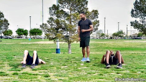 Muscular Black men workout in park leading to interracial gay threesome