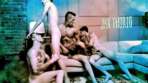 Jax Thrio and muscular naked studs groping cocks and asses in gay orgy on couch