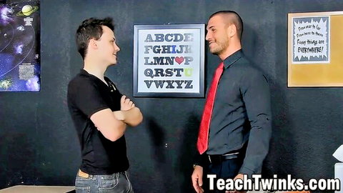 Hot twink teacher in red tie and student posing arms crossed in classroom