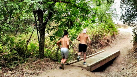 Two shirtless athletic men jogging on a wooded trail bridge, muscular backs visible