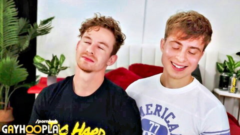 Two slim white twinks smirking closely, curly and straight hair, teasing virgin reveal