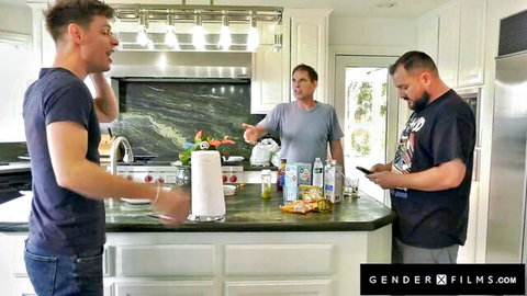 Hot trans babe with three guys in kitchen, hitchhiking fuck scene