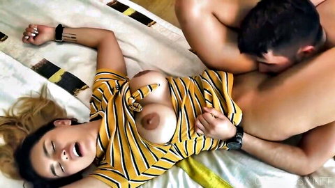 Colombian woman with big tits fucked missionary in open striped shirt