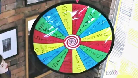 Erotic spin wheel game with strip, make out, suck off, tits out dares in brick room