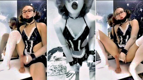 Femboyewe femboy in black lace lingerie, stockings, gagged and seductive poses