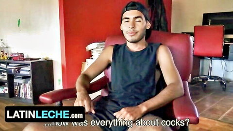 Cute Latino twink in tank top, smiling in Latin Leche threesome preview