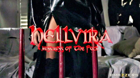 Joslyn James as Hellvira in sexy latex dress, Brazzers adult scene