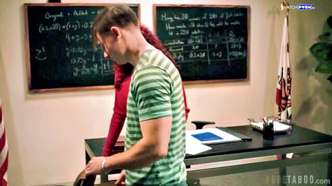Redhead MILF teacher in red top seduces student in classroom taboo scene