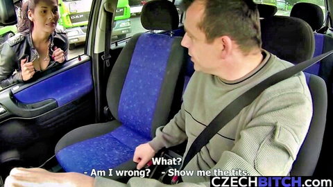 Brunette Czech woman teasing taxi driver by flashing deep cleavage tits in car