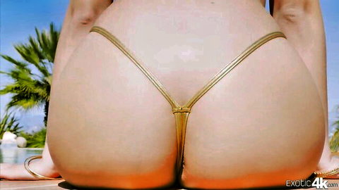 Liza Rowe's big Latina ass in gold thong bikini poolside tease