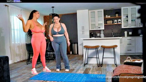 Kristine Kiss and Brooklyn Springvalley busty threesome in sporty outfits on OnlyFans