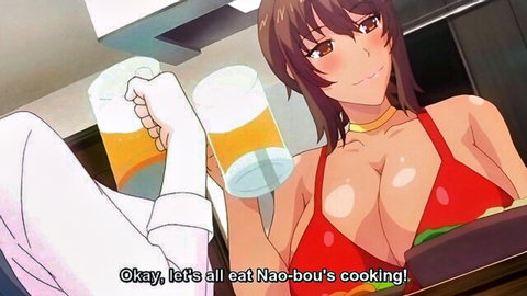Busty anime girl in red bikini toasts with beer, big cleavage exposed