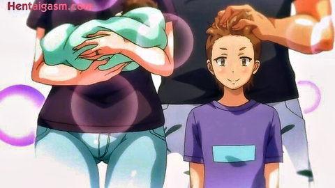 Blonde cheating wife stepmom holding baby with stepson and man in hentai family scene