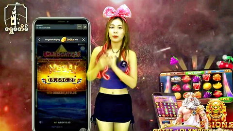 Chinese AV bunny girl in miniskirt posing at casino slots