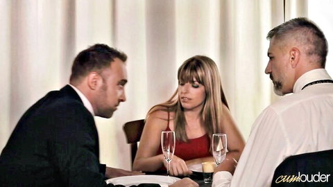 Nekane Sweet in red dress at dinner with two men, champagne toasts