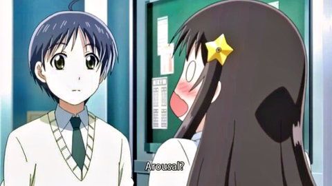 Anime schoolgirl blushing aroused at blue-haired boy in uniforms