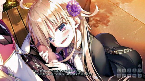 Blonde anime girl in black dress teasing with dildo, smiling seductively